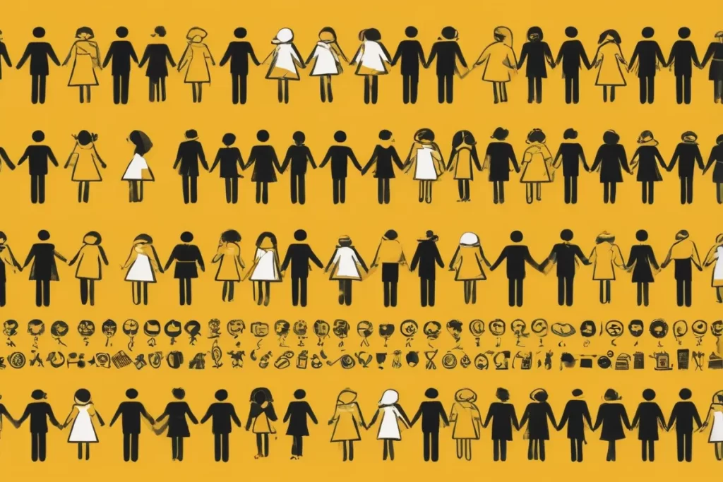 Un fondo amarillo con elementos gráficos de personas que se agarran y iconos que sugieren educación e inclusión