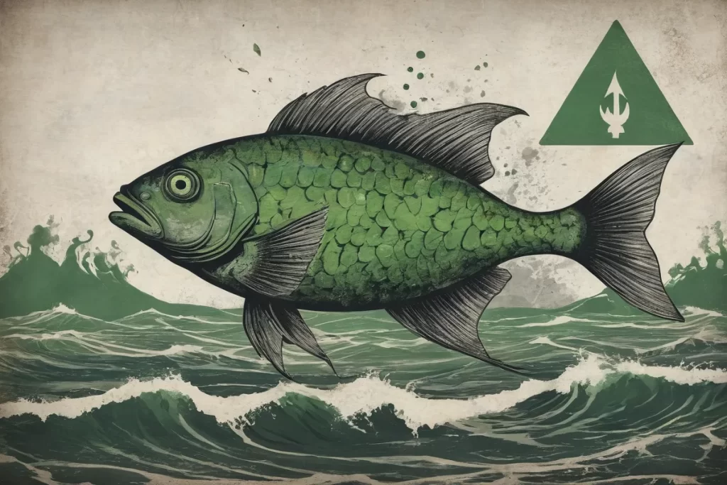 Un pez verde y gris en olas estresadas con símbolos de residuos tóxicos