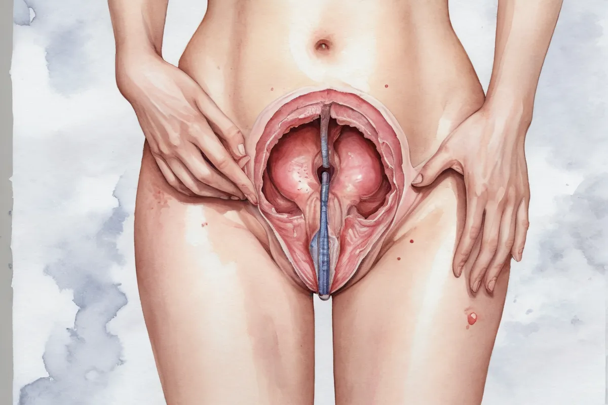 Imagen en acuarela: perdida de líquido amniótico tras una incisión vaginal, con implicaciones para la fertilidad