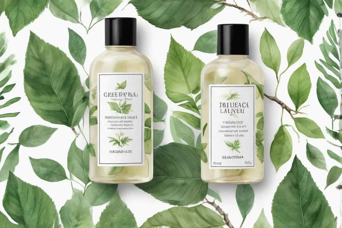 Grabados de hojas de sauce bizones con etiquetas de champú