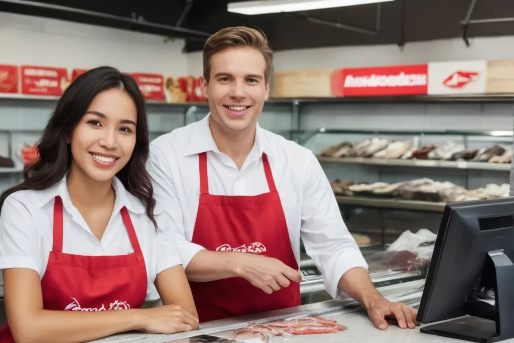 Cashier and salesperson sonreían con entusiasmo