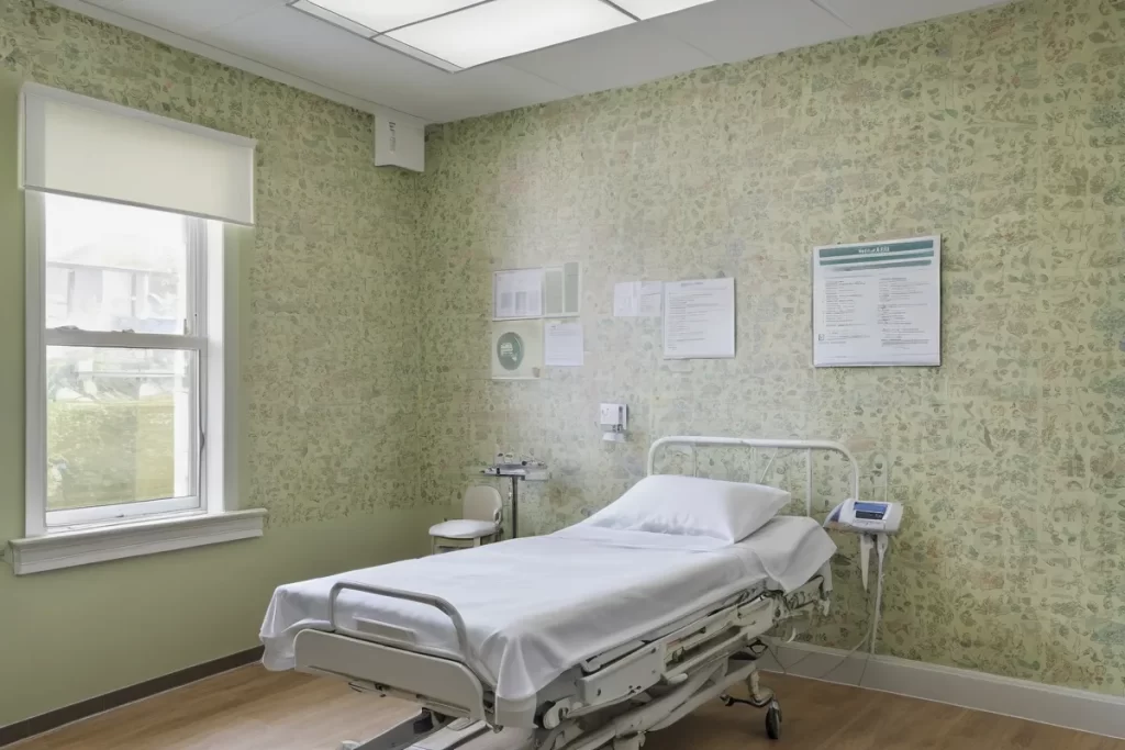 El ambiente de salud destaca con papel tapiz que muestra imágenes de pacientes sanando y información sobre el tiempo de recuperación de la infrecuente enfermedad respiratoria bacteriana. **Translation:** The health care setting has wallpaper displaying pictures of recovering patients and information on pneumococcal infection recovery time in English