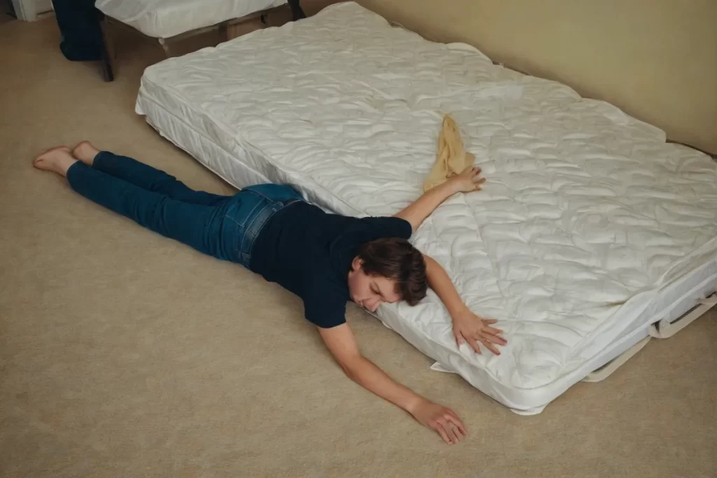 Texto en negrita: foto de una persona tumbada en el suelo frente a una sommier sin colchón