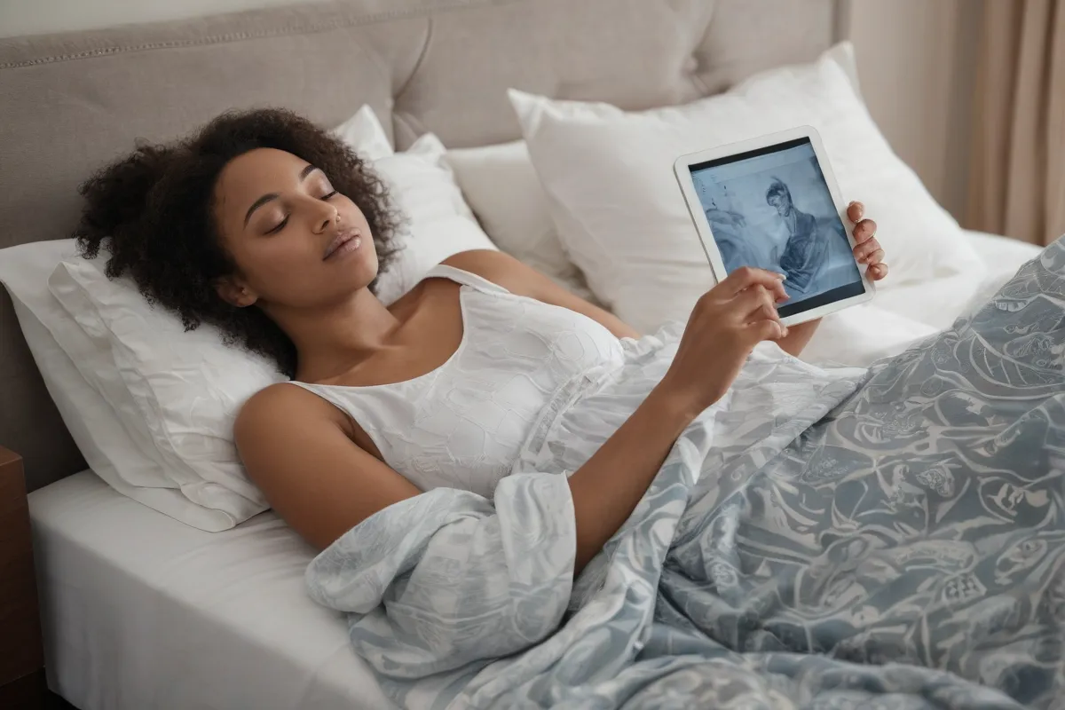 Una mujer relajada en una cama, tranquila, con un tablet mostrando patrones relajantes