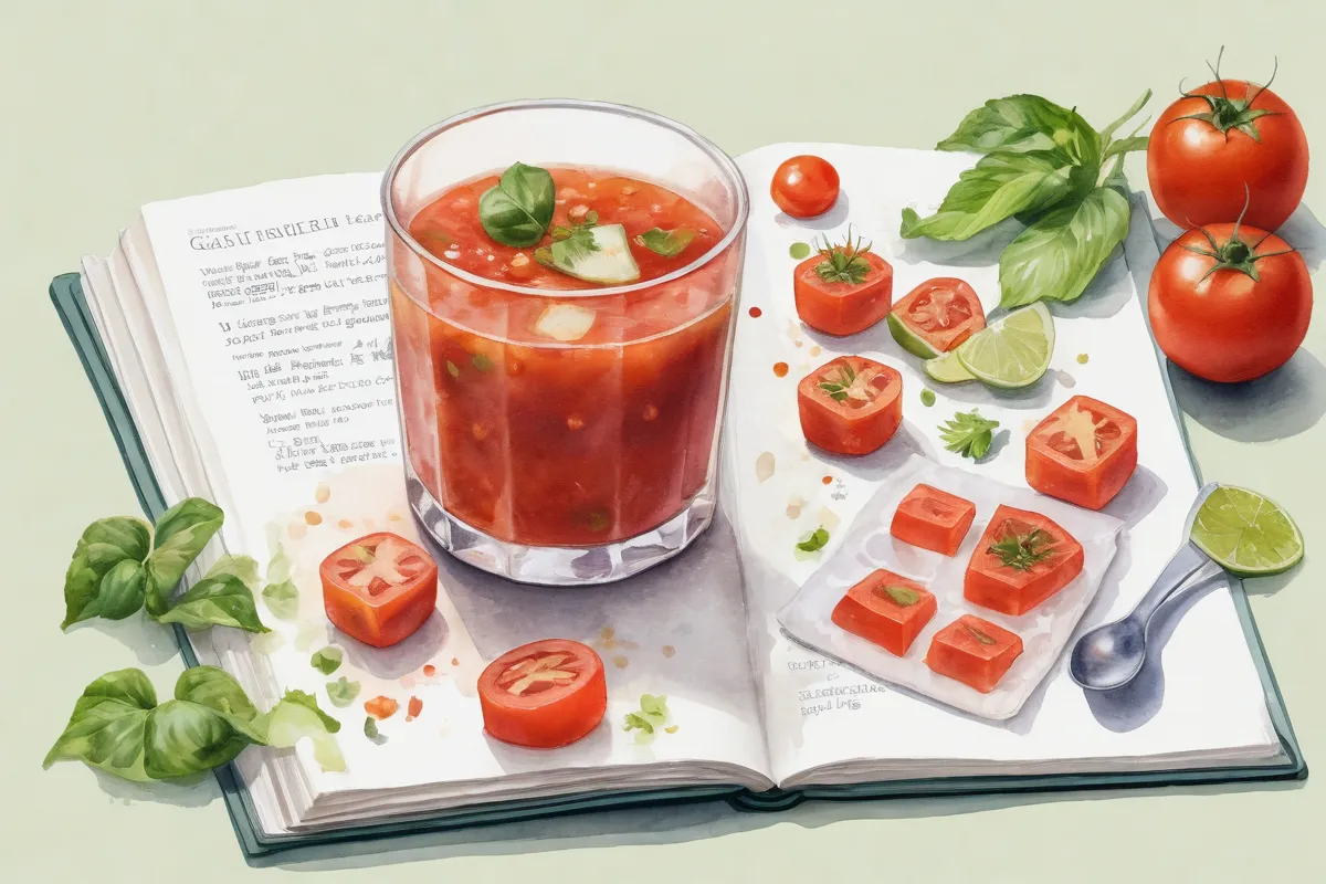 La ilustración de acuarela muestra gazpacho, cubos de hielo y un libro de recetas