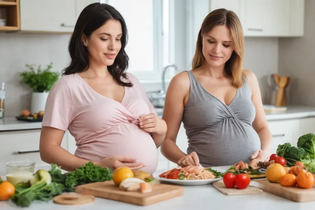 Imágenes de mujeres embarazadas y comidas saludables combatiendo la listeriosis y la toxoplasmosis