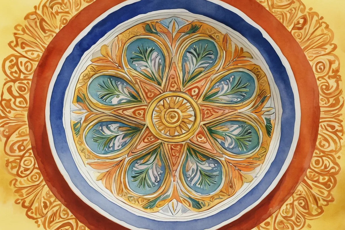 Diseño de acuarela de una pieza veracruzana con patrones de estrellas y un elemento culinario fundamental