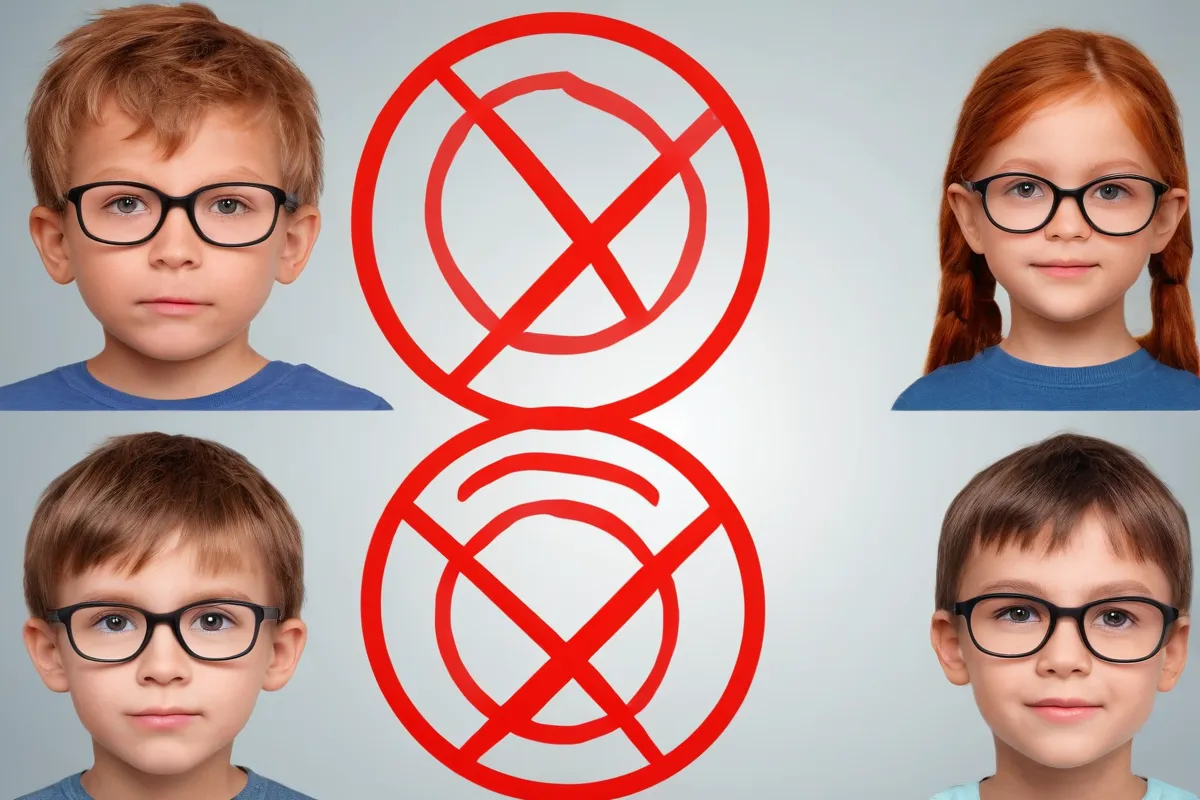 Faces de niños, símbolo de bloqueo, texto informativo: restricciones del foro, contenido bloqueado