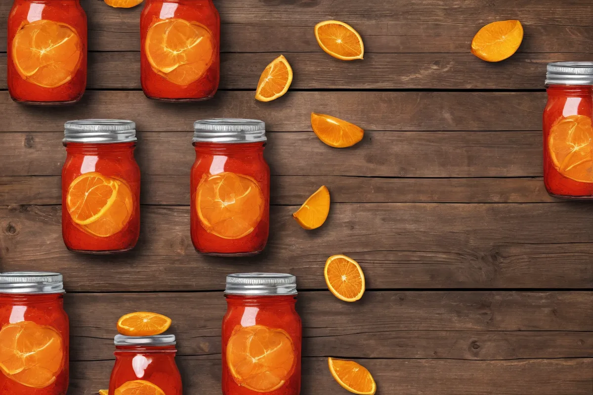 Jarros de mermelada rojo brillante con estampado de cáscara de naranja y textura de madera rústica