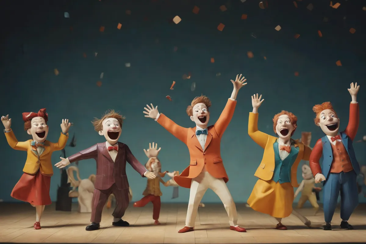 Una escena cómica con figuras estilizadas de risa y técnicas de actuación