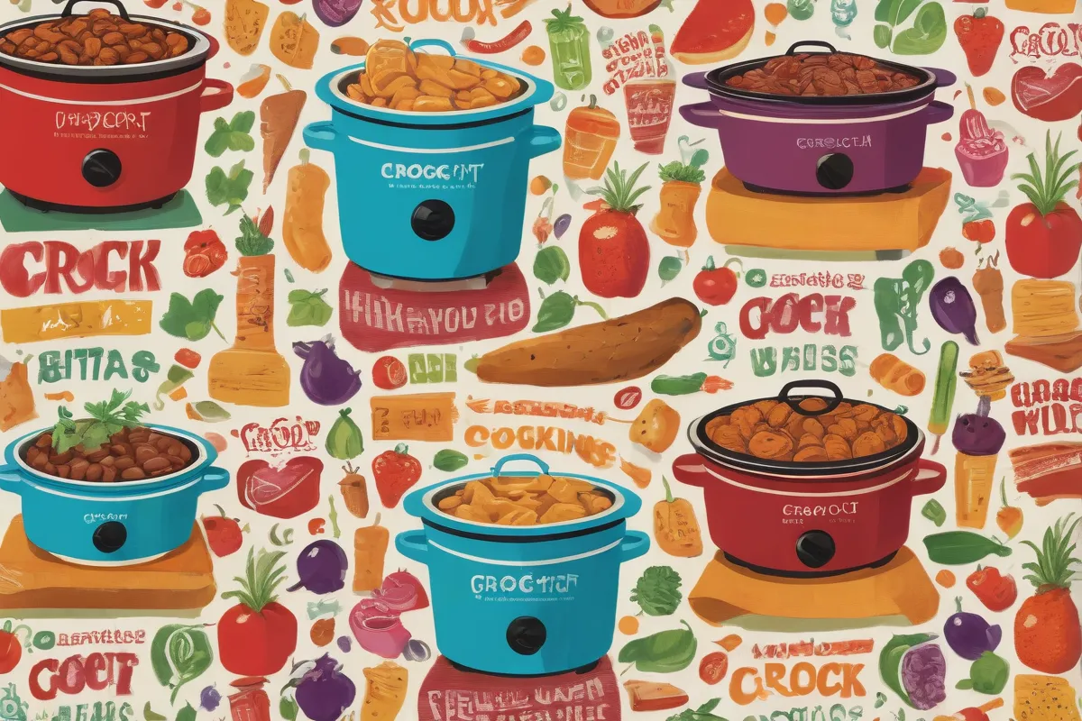 La pintura tiene personajes juguetones y comida deliciosa que dicen Crock Pot facilita la cocina