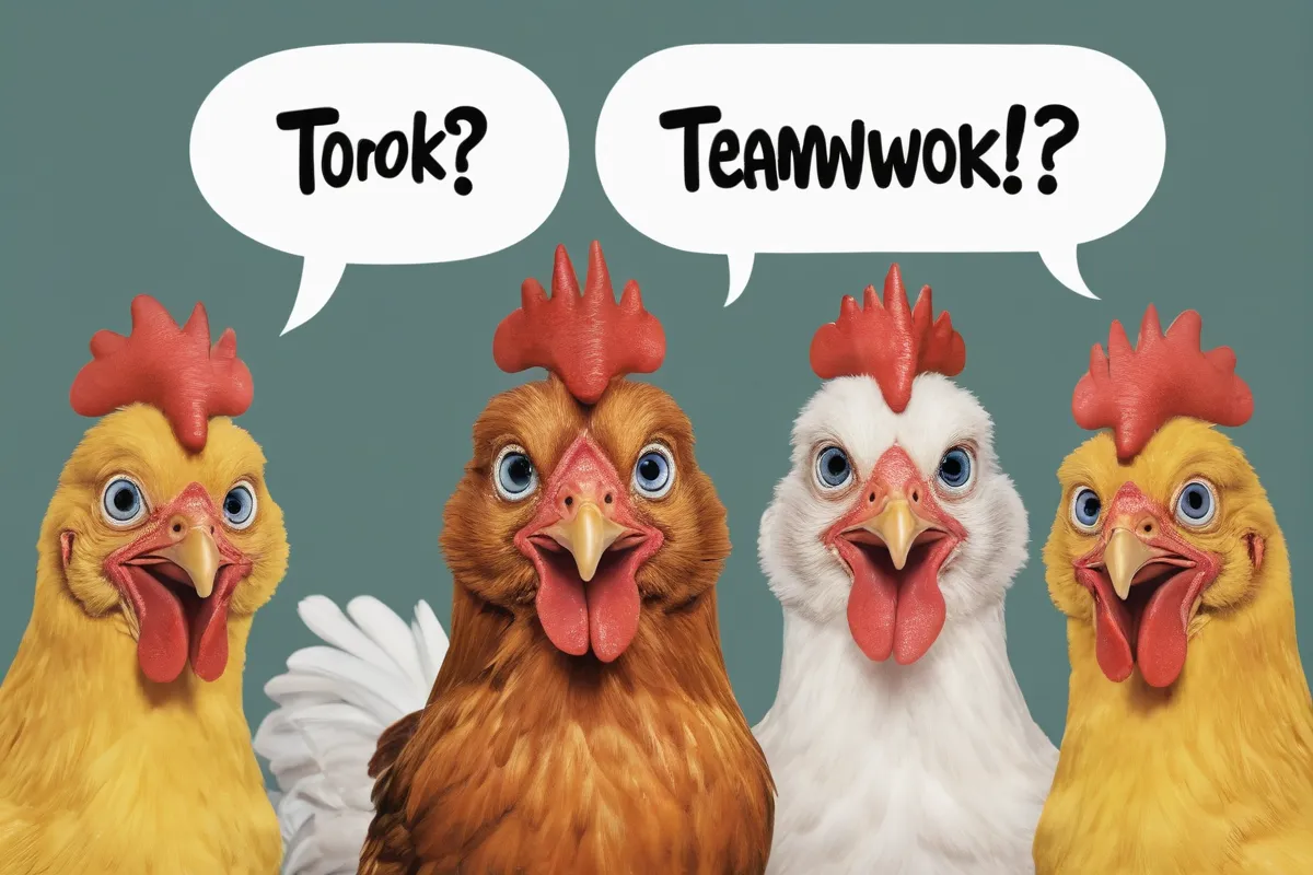 Imagen de gallinas con cuestionarios y frases sobre trabajo en equipo y donas