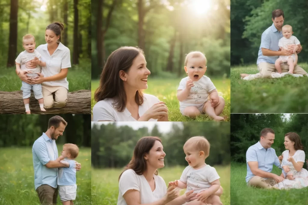 Imágenes de bebés y familiares interactuando en paisajes naturales expresan la importancia del cuidado y el crecimiento