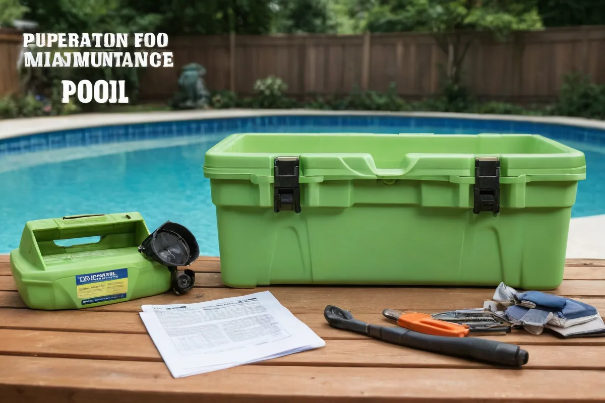 La piscina verde brilla, manuales y herramientas en la mesa, el texto dice Preparación para la Desmontadura de Limpieza de Piscina. **Translation:** A bright green pool, manuals and a toolbox on the table, the text says Swimming Pool Dismantling Maintenance Preparation. This single-sentence translates accurately all of the key details