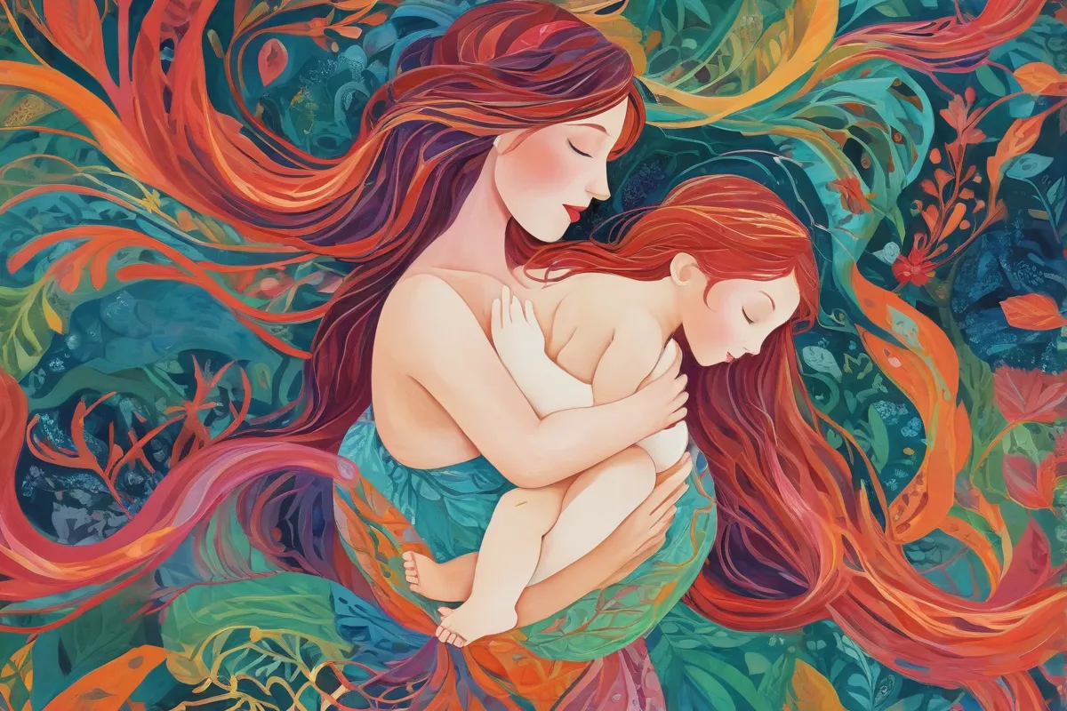 Un patrón abstracto vibrante, fusionando la maternidad y el crecimiento con desafíos