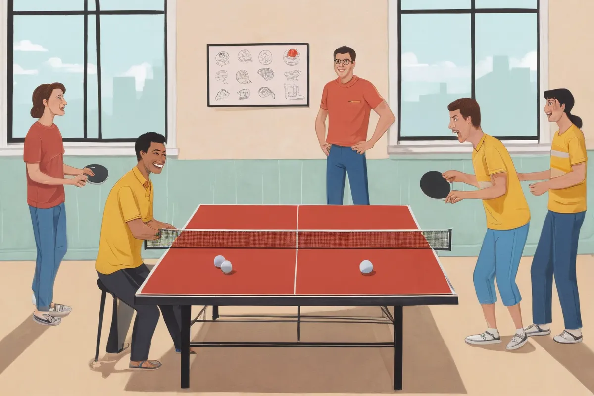 Un dibujo de personas jugando ping-pong y una tabla de comparación de precios para el asiento de coche Xtensafix