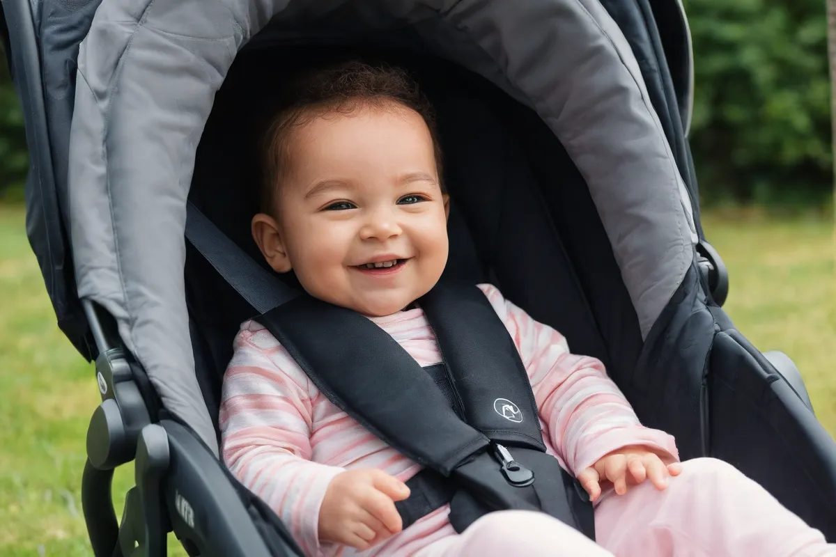 Cámara en miniatura de una tijera con bebé sonriente. (Translation: Miniature camera shot of a stroller with a smiling baby inside)