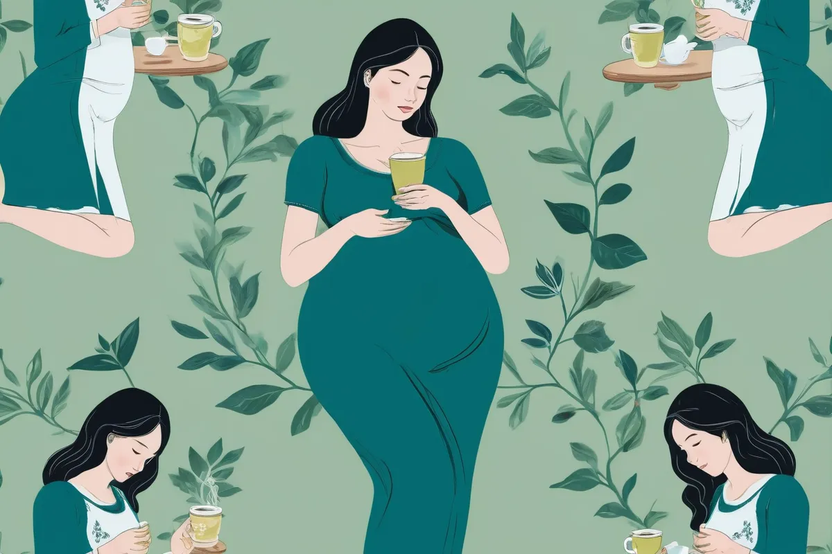 Arte de diseño azul-gris con ilustraciones de mujeres gestando disfrutando de té verde. **Explanation:*** **Diseño de color:** El diseño es calmante, en color turquesa (teal).* **Ilustraciones:** Con ilustraciones se representan mujeres embarazadas disfrutando del té verde. Let me know if youd like another variation or have any other text to translate!