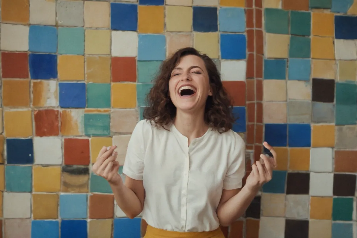 Una mujer sonríe con azulejos vibrantes, mientras habla y reía