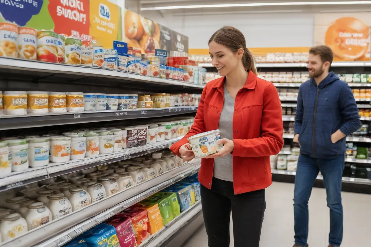 Las muestras de wallpaper muestran imágenes de yogur de Lidl y clientes interesados explorando su selección