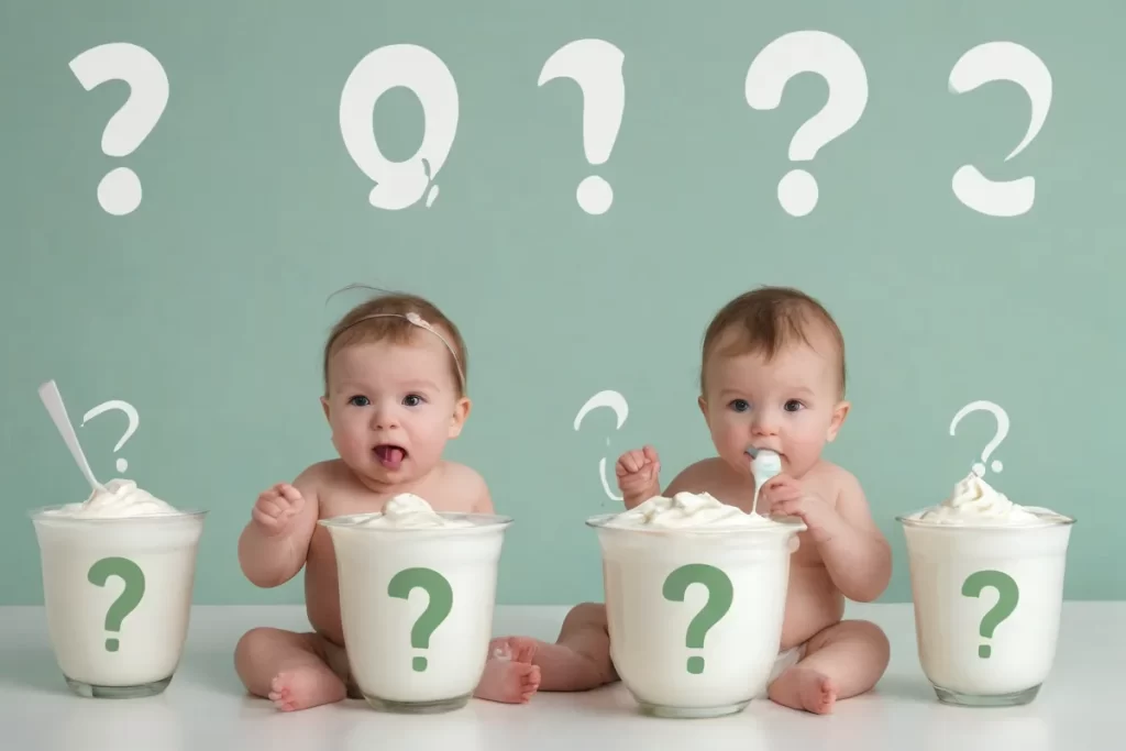 Papel tapizado de yogur con bebés comiendo yogurt y una pregunta