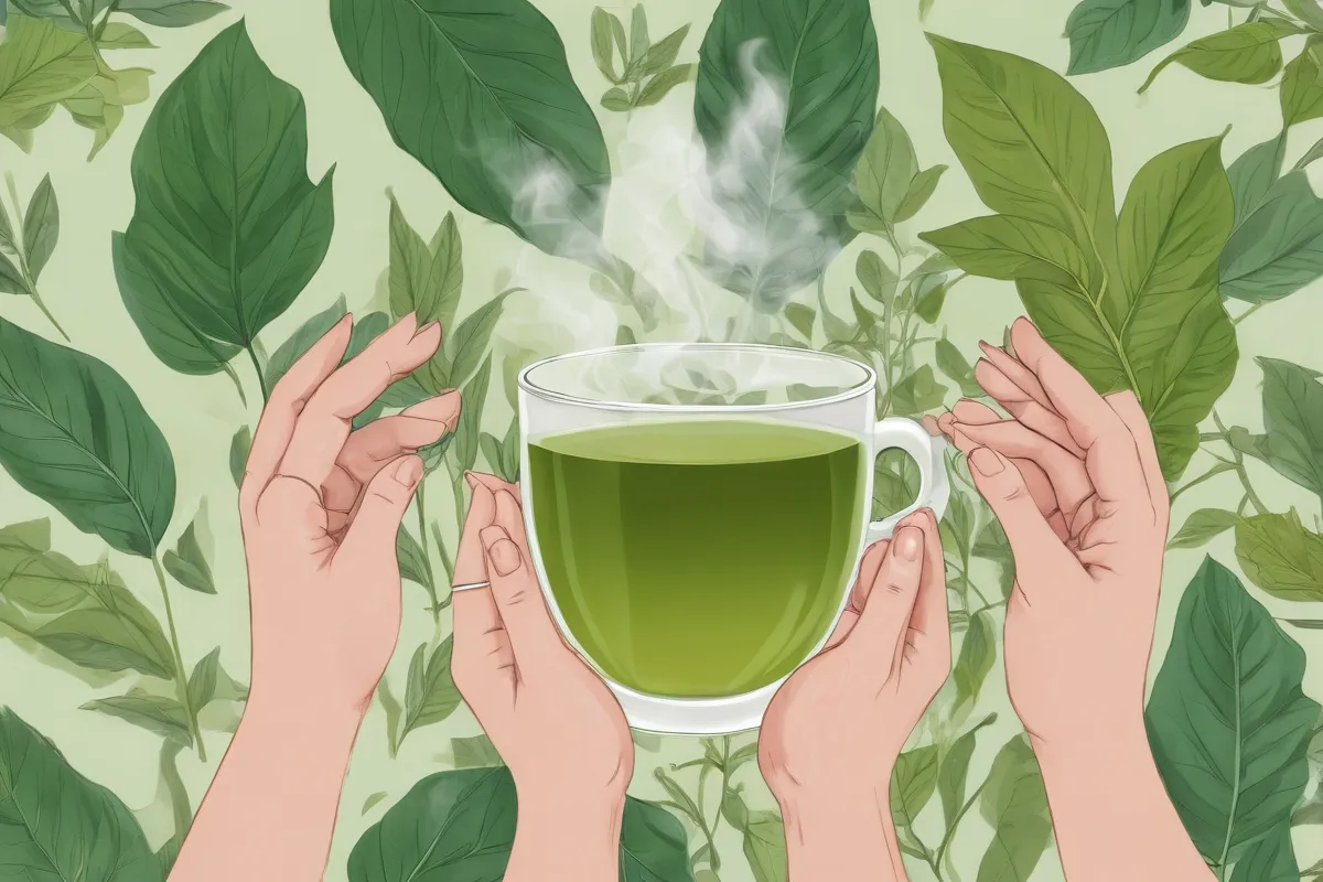 Una ilustración botánica muestra hojas sanas, té verde caliente y manos de mujer embarazada