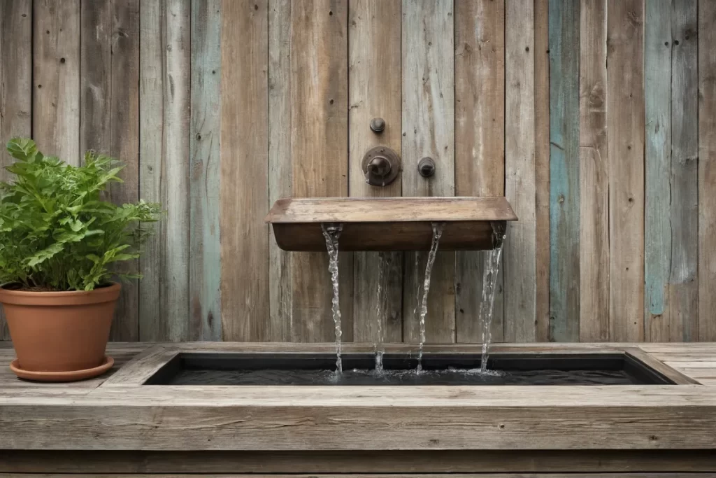 Las fuentes con estilo retro y diseños naturales decoran una pared de madera envejecida. **(Translation:** Retro chic water features decorated with natural patterns on a weathered wooden wall.)