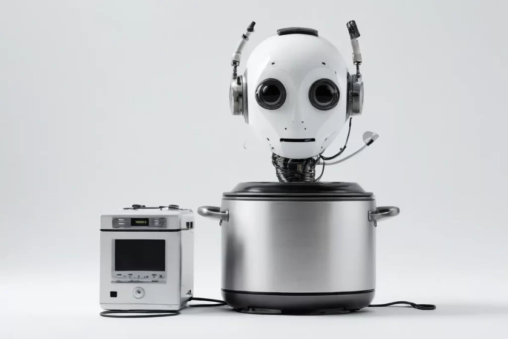 Un robot abstracto con símbolo de interrogación en blanco y negro sobre fondo