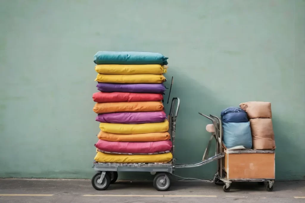 Un carrito y una silla coloridas muestran cargas pesadas de artículos grandes