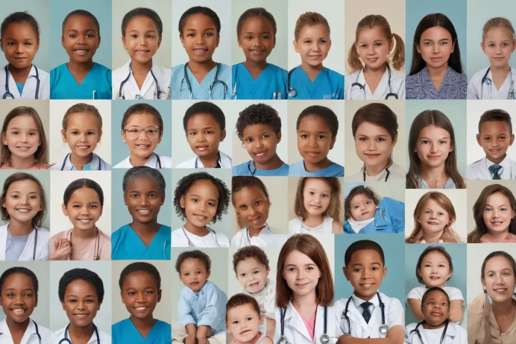 La wallpaper muestra imágenes de niños recibiendo atención médica y avances en la pediatría. (The wallpaper shows images of children receiving healthcare and advances in pediatrics.)