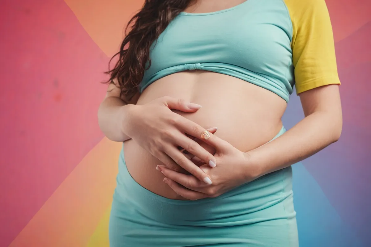 Diseño gráfico colorido sobre fondo de manos que abrazan el vientre de una mujer embarazada