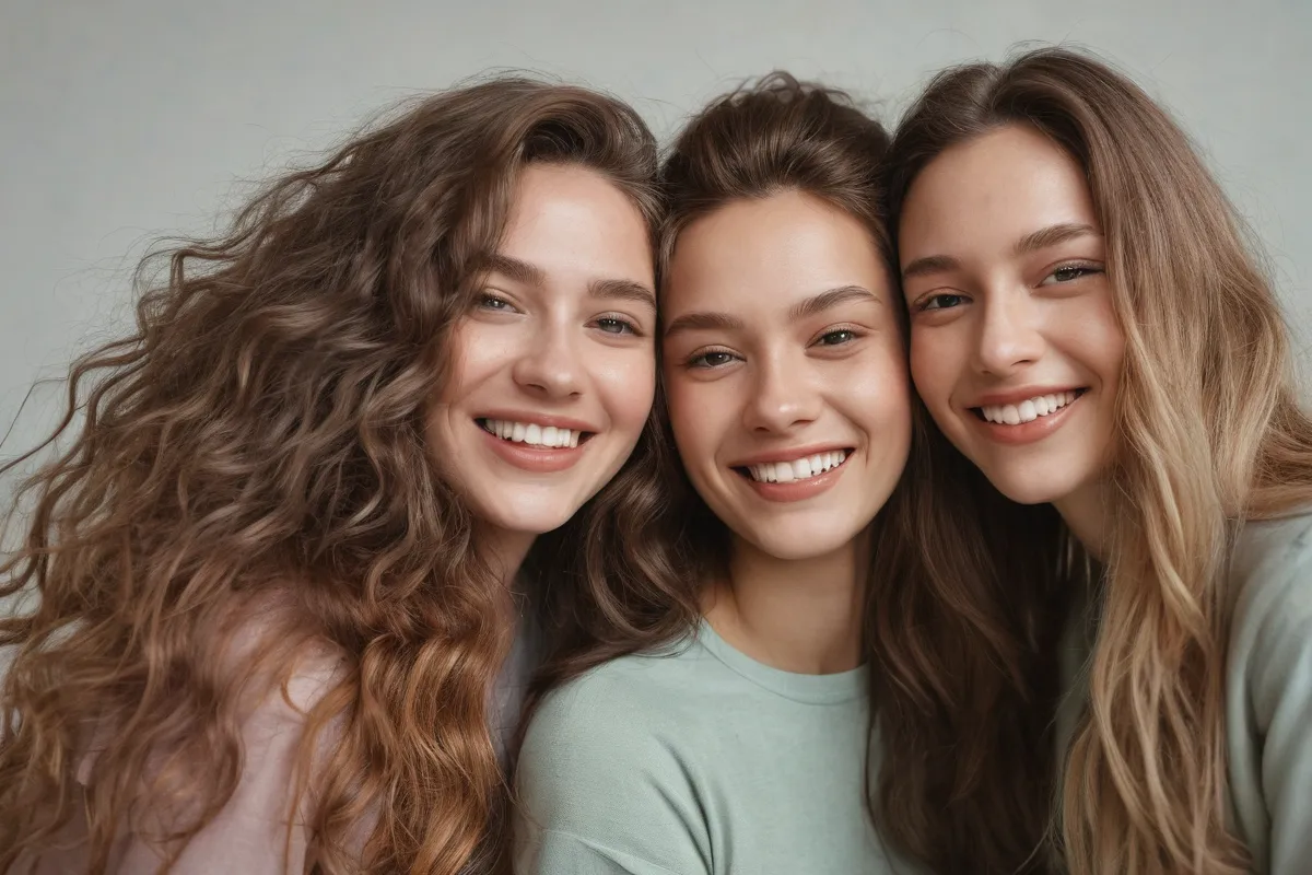 Colores suaves, mujeres con pelo que fluye, mensaje de individualidad y aceptación. This translates to: **Soft colors, women with flowing hair, message of individuality and acceptance.** Let me know if youd like help with further translations!