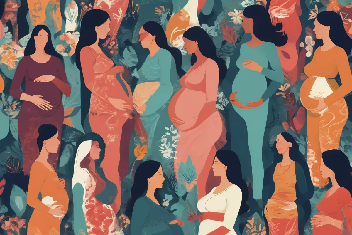 Papel de pared abstracto con mujeres embarazadas y temas de conversación diversos, bajo nivel de interacción