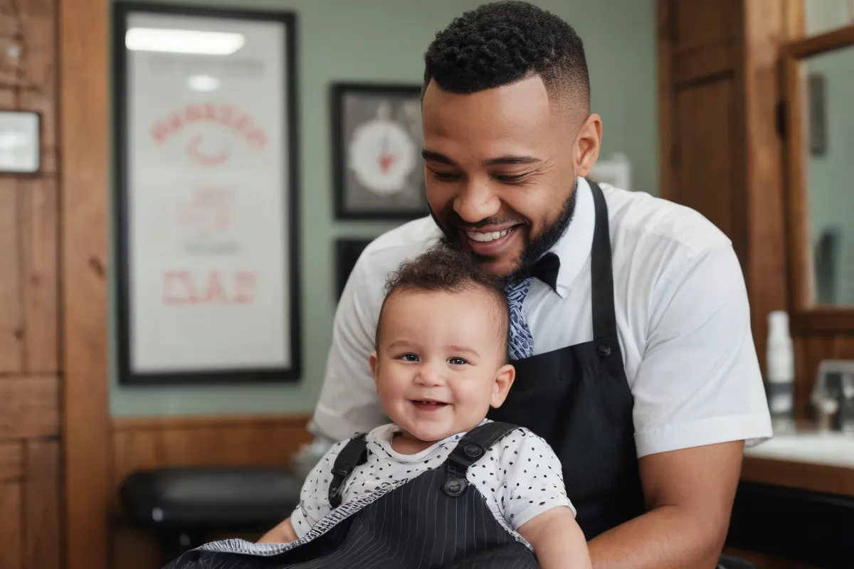 Un padre y un bebé sonríen en la barbería, con dudas