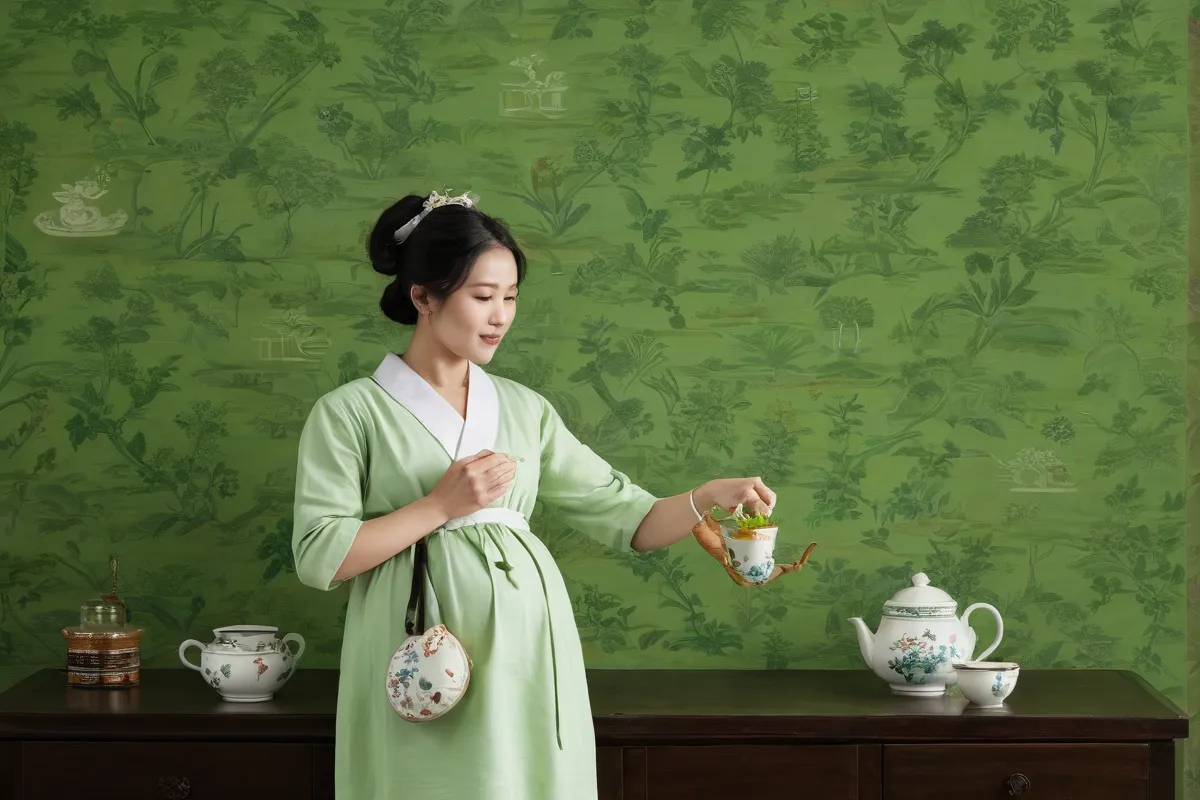 La decoración muestra la cultura y tradición del té verde, con información sobre embarazo segura