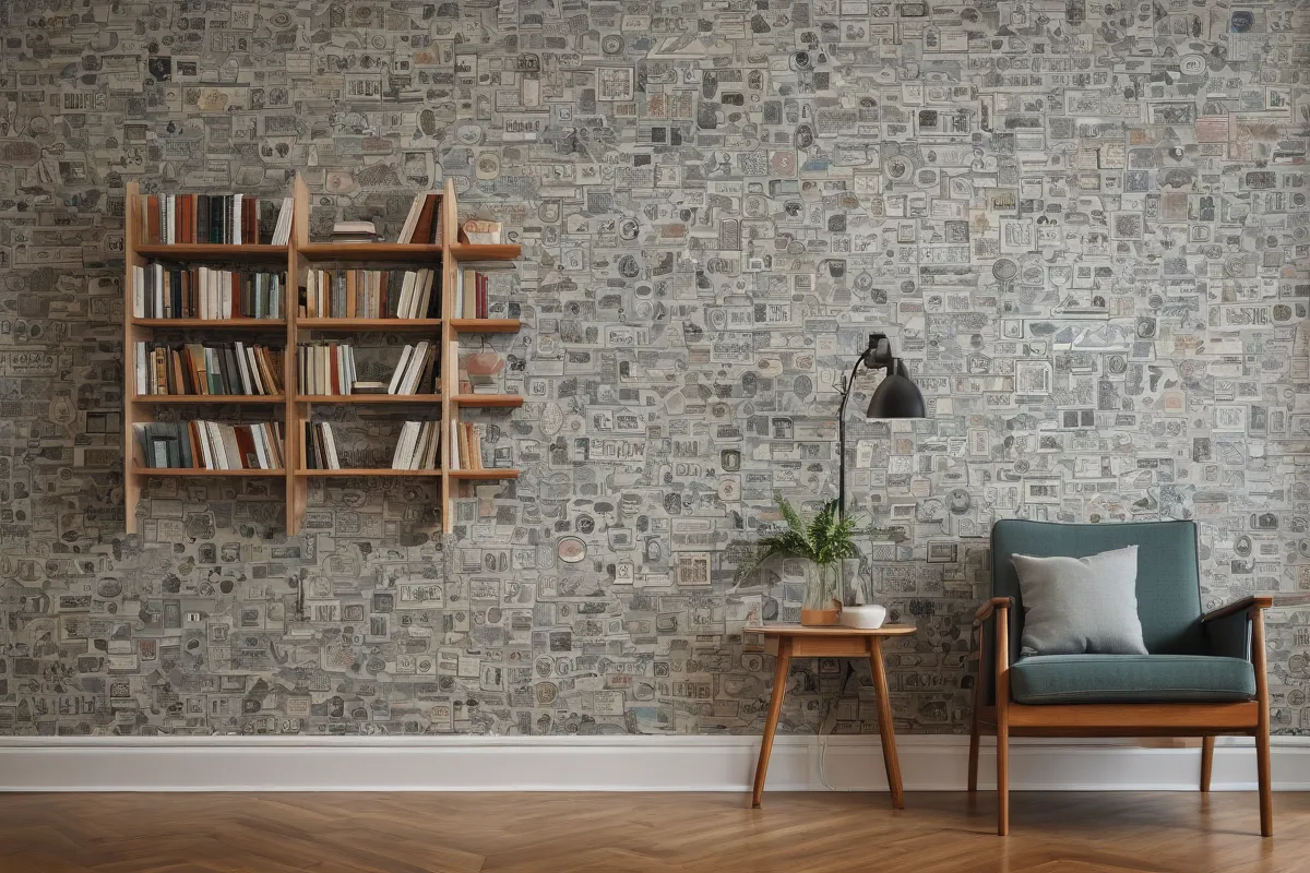 El papel pintado es suave y muestra iconos de libros, gafas de lectura y una comunidad tranquila