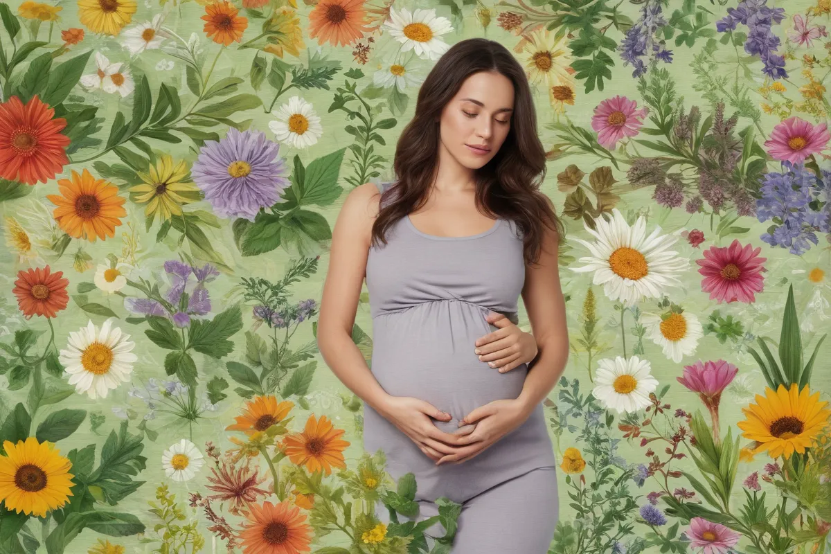 Imágenes de mujeres embarazadas y flores con textos sobre riesgos de hierbas durante el embarazo: escenarios relajantes