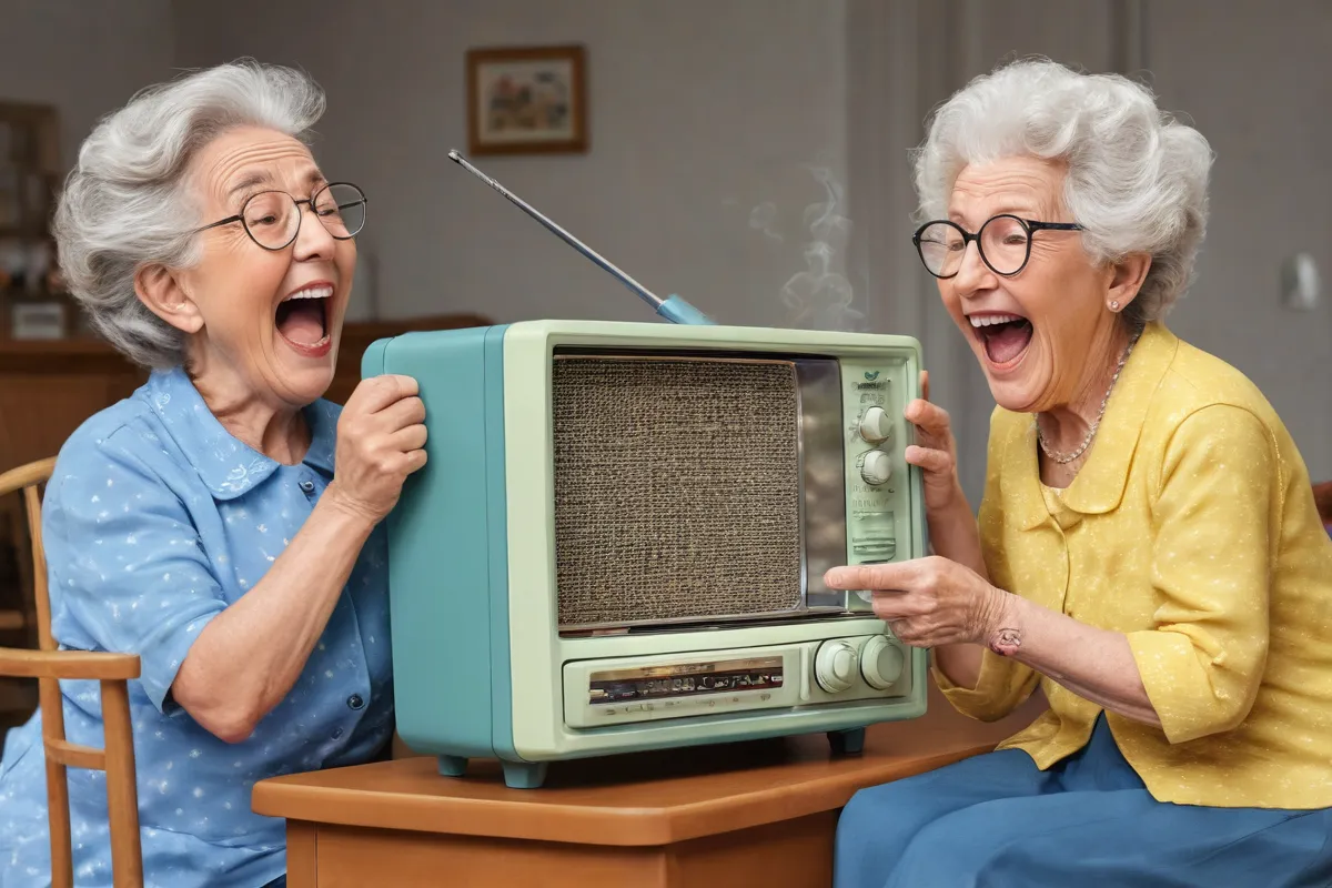 Una caricatura divertida de una radio que cruza mientras una abuela y su nuera se ríen