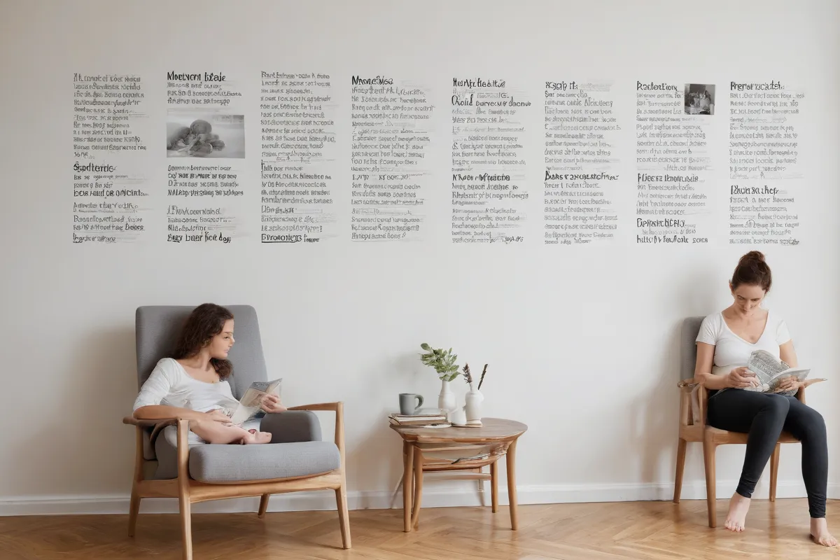 Diseño minimalista con imágenes y texto de madres lactantes leyendo en paz