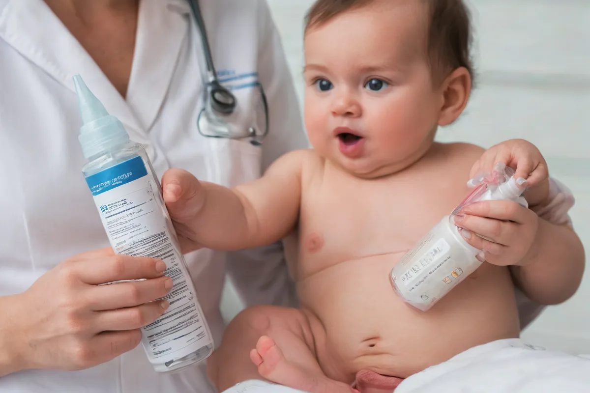 Una foto de un cordón umbilical del bebé, al darle leche materna y una mujer con un guía médica