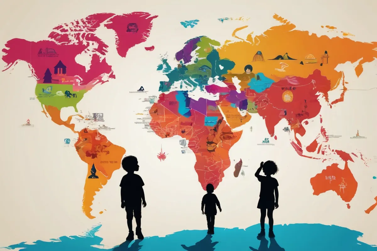 Imágenes de niños vibrantes, mapa de zonas restringidas y iconos divertidos. **(Short summary of the list)** This translates to something like; Vibrant child silhouettes, a map with restricted areas, and playful icons.Let me know if youd like different variations!