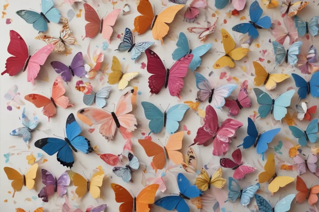 Butterflies de colores con patrones decoran paredes con imágenes de cumpleaños