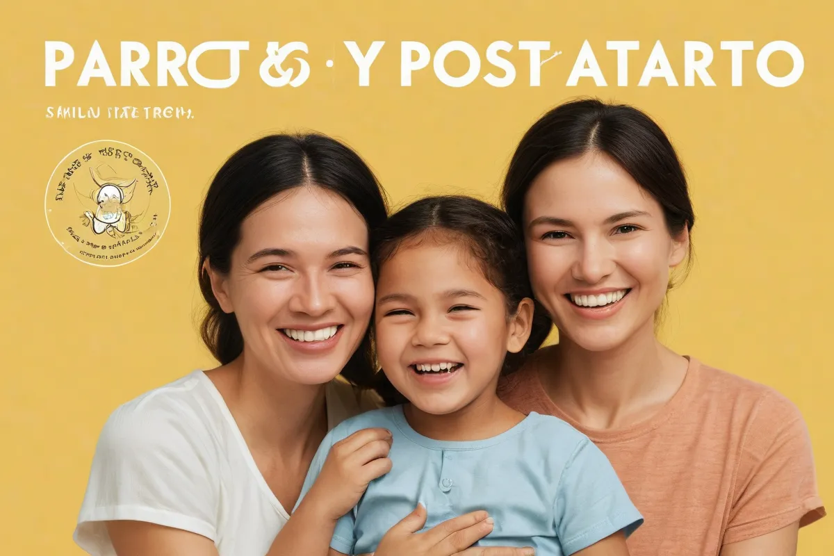 Fondo amarillo, texto grande: Parto y Postparto, ilustración de padres sonriendo, título en blanco