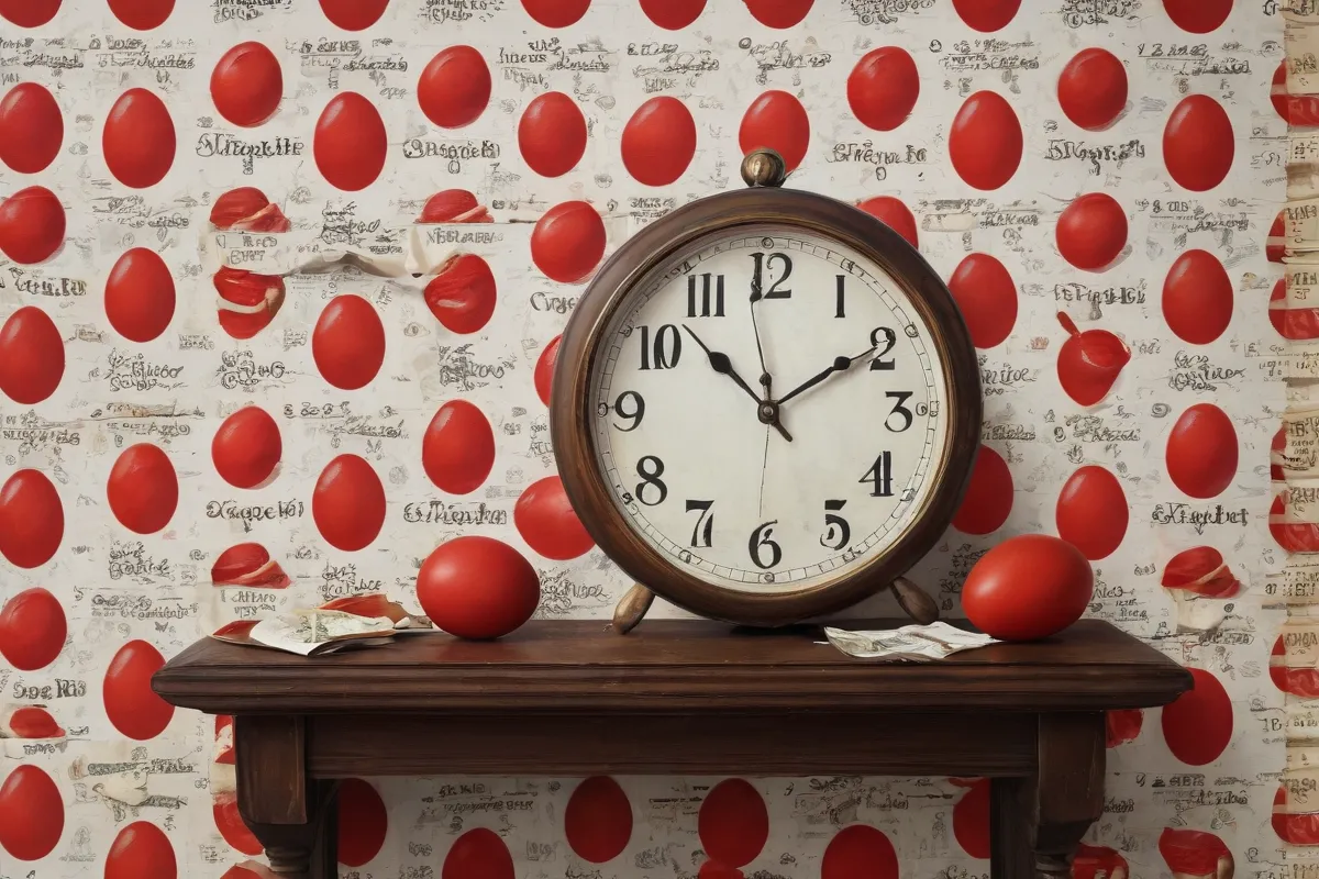 La pared tiene huevos rojos, una lista y un reloj que tickea