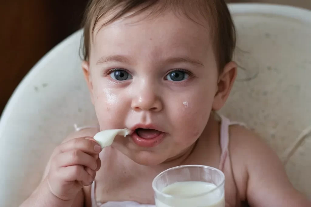 Una niña bebé tomando leche con lágrimas de cansancio