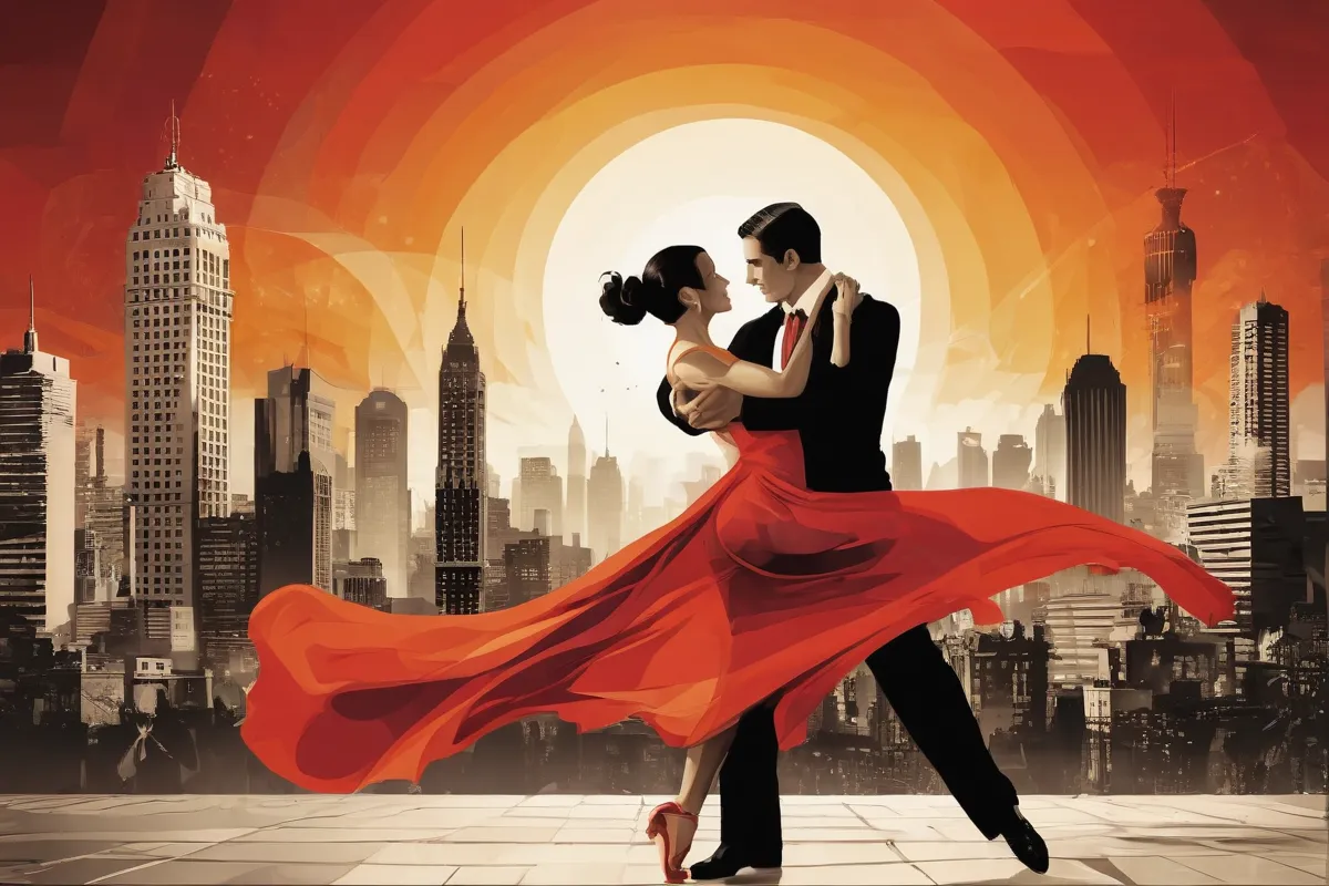 Diseño abstracto con bailarín de tango argentino, bombilla y ciudad