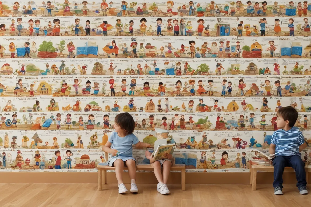 Papel de pared con temática española que ilustra el desarrollo infantil y la lectura