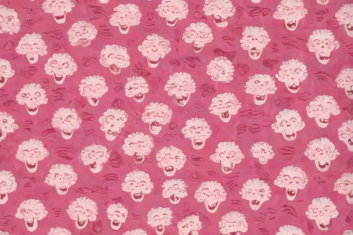 Una textura con ondas cerebrais y caras sonriendo en un fondo rosa