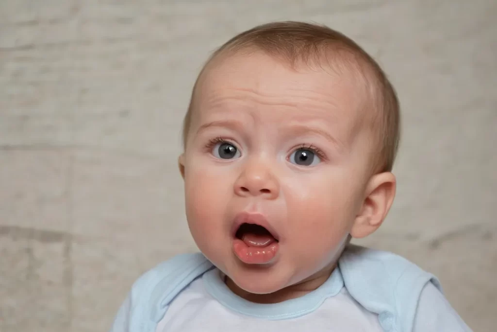 Bebe adorable con molestias de dentición
