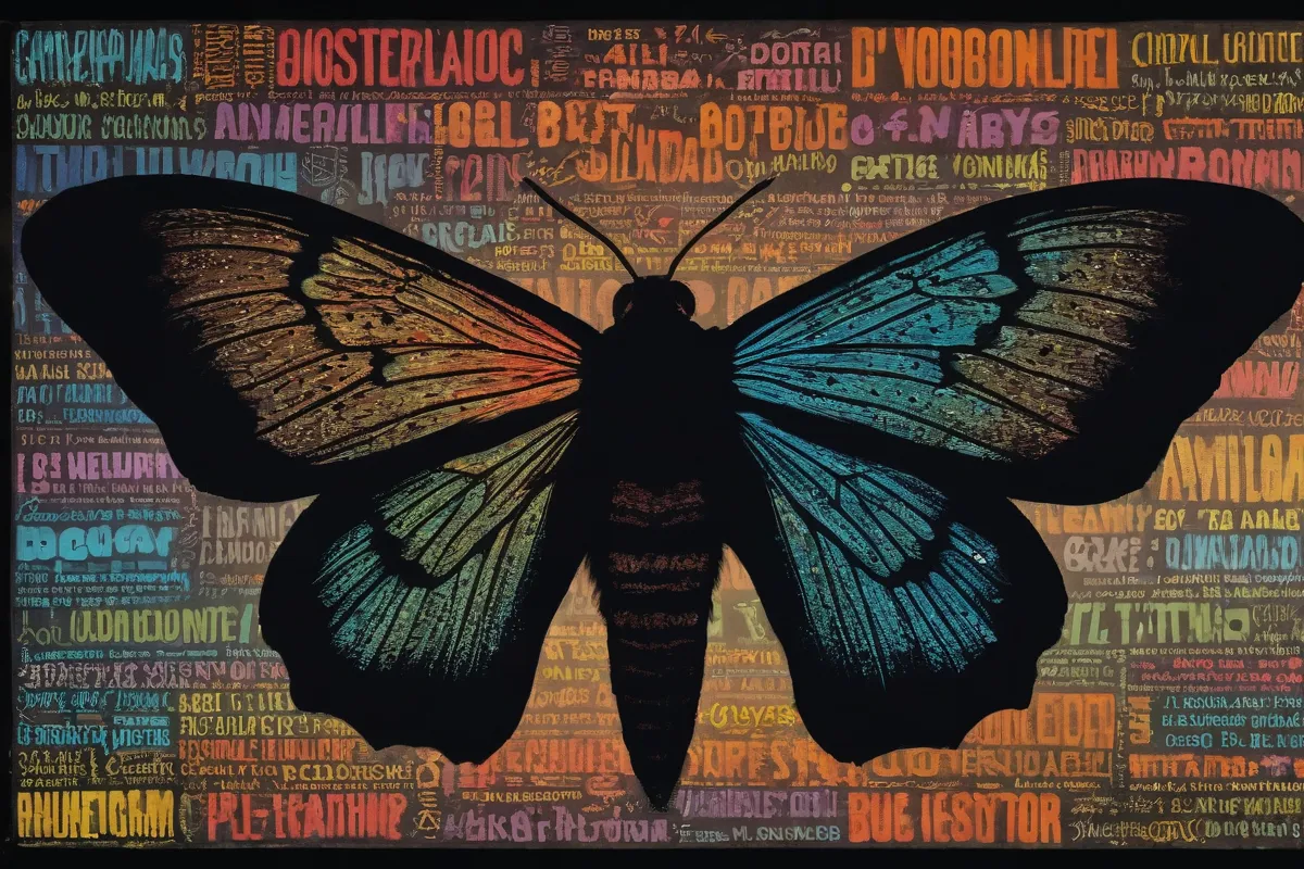 Un siluetas de una polilla, texto e imágenes de plagas